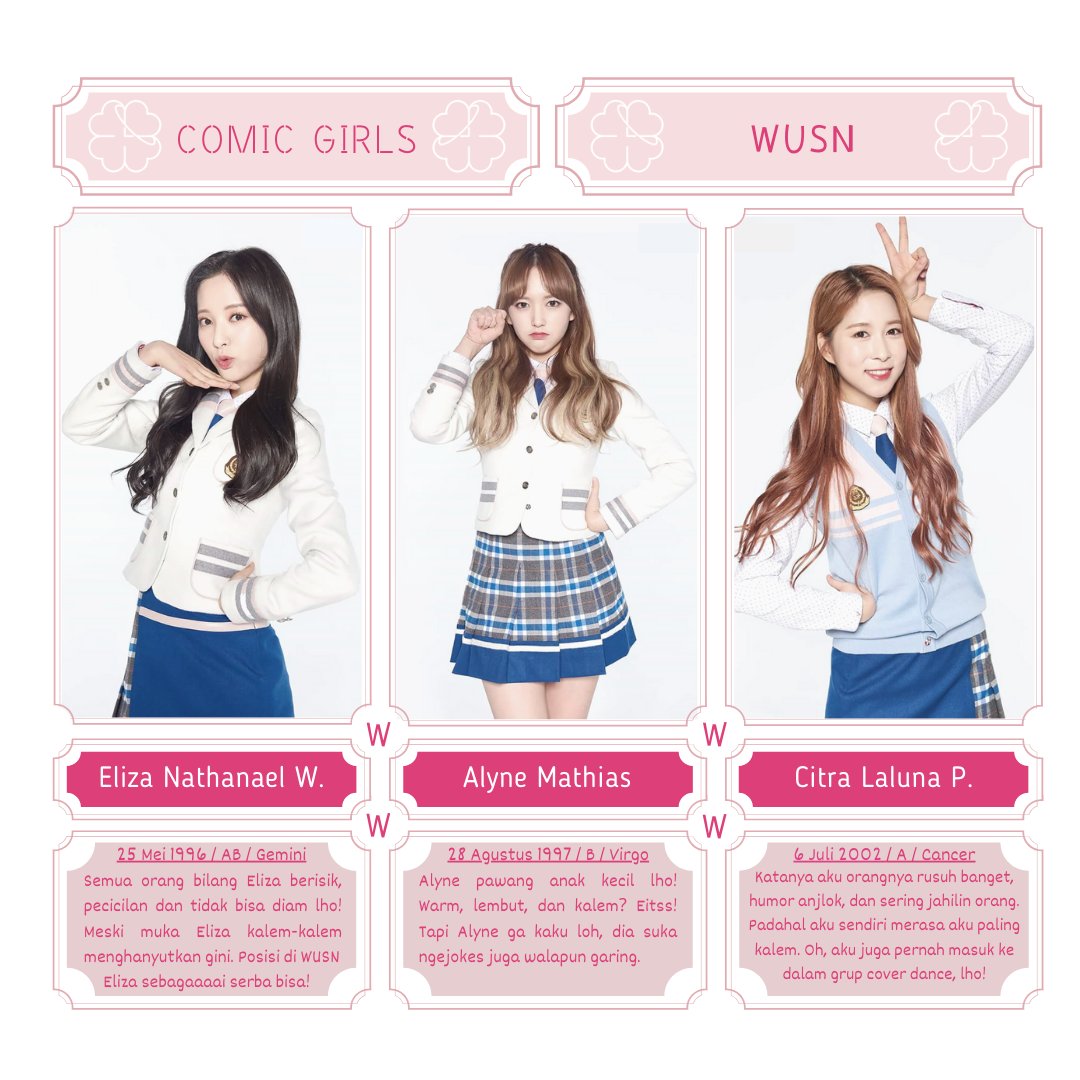 WUSN__Comic's tweet photo. ㅤㅤ

ㅤㅤ𝐖𝐔𝐒𝐍 𝐌𝐄𝐌𝐁𝐄𝐑𝐒 𝐑𝐄𝐕𝐄𝐀𝐋

ㅤㅤㅤㅤ“𝐖𝐇𝐎 𝐀𝐑𝐄 𝐖𝐄?”

ㅤㅤㅤ𝐏𝐚𝐫𝐭 𝟏 : 𝐖𝐎𝐍𝐃𝐄𝐑 𝐔𝐍𝐈𝐓

ㅤㅤㅤㅤ𝐏𝐑𝐎𝐅𝐈𝐋𝐄 𝐏𝐇𝐎𝐓𝐎

#WUSN #WonderUnit #Eliza #Alyne #Citra

ㅤㅤ https://t.co/0ACwa4S7rg