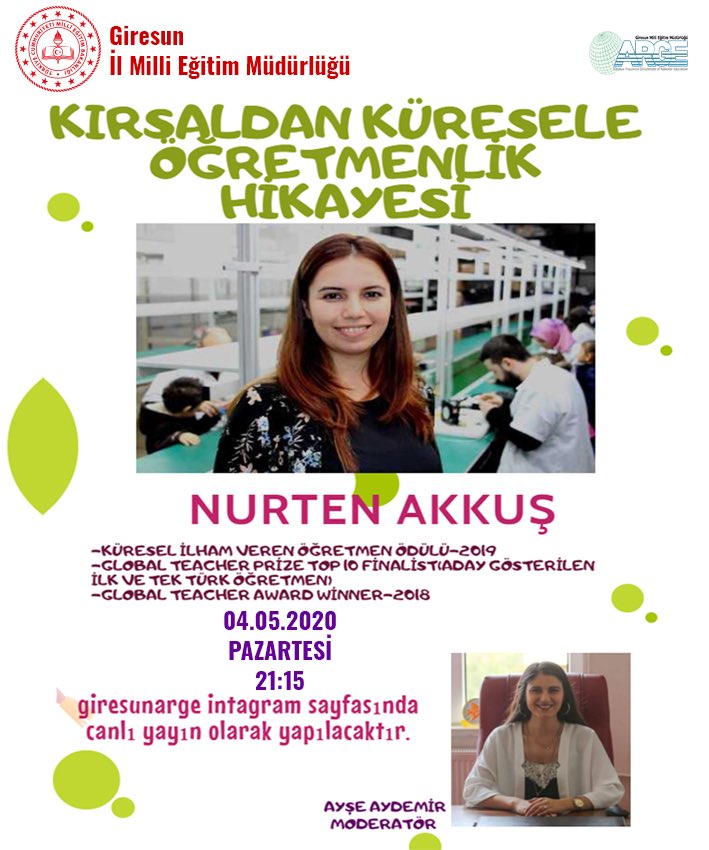 #UzaktaDeğiliz Öğretmen Seminerlerinde Dünya’nın en iyi 10 öğretmeni arasına giren tek Türk öğretmen Nurten AKKUŞ’u konuk ediyoruz. 

Moderatör: Ayşe Aydemir
Tarih : 04/05/2020 21.15

📌Kırsaldan Küresele Öğretmenlik Hikayesi

<a href="/nurtenakkus/">Nurten Akkuş</a> <a href="/giresunilmem/">Giresun İl Milli Eğitim Müdürlüğü</a> <a href="/ertugrultosunog/">Ertuğrul TOSUNOĞLU</a>