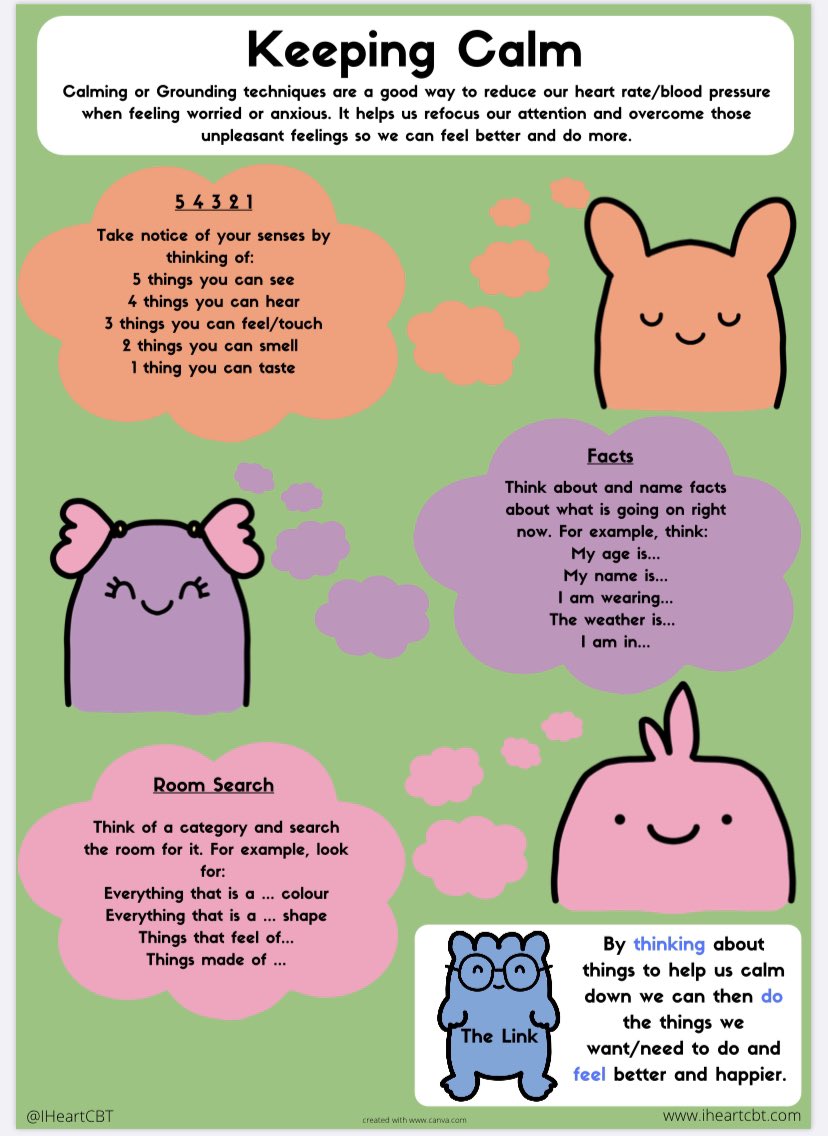Grounding techniques to help young people stay calm when feeling anxious/distressed 🧠 

Download at ⬇️ 
iheartcbt.com/anxiety

Browse all free Cognitive Behavioural Therapy (CBT) based resources at ⬇️ 
iheartcbt.com 

#MentalHealthAwarenessMonth #MentalHealthMatters