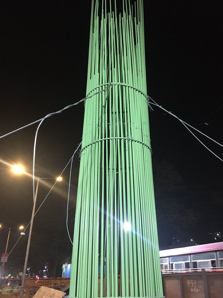 construction619's tweet photo. After pile cap reinforcement dowels of pier from pile cap are almost 6-8m from pile cap top, and it is of avg. 20mm dia, so self weight of the reinforcement is too much, so the wire rope are tied on all 4 sides of the pier reinforcement so if doesn’t topple. #correctmeifwrong. https://t.co/ZFMFwsemtE