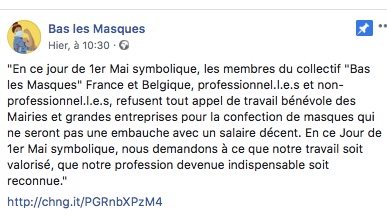 _baslesmasques's tweet photo. Notre message #baslesmasques pour le 1er mai !
#couturièresencolère #sansnousqueferiezvous #1erMai #stopfreework https://t.co/PPEOYzN8bz