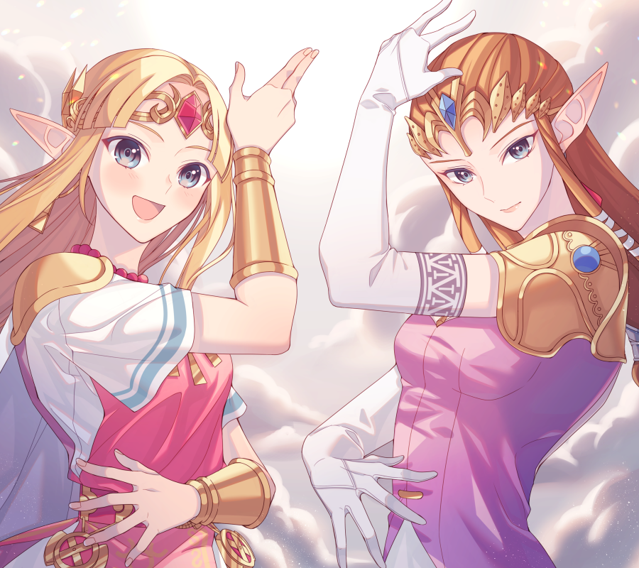 princess zelda multiple girls 2girls pointy ears gloves dress long hair blonde hair  illustration images