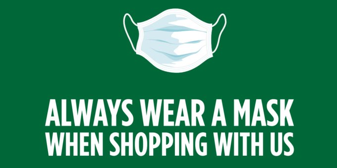 MariaBi63155744's tweet photo. In line with level 4 lockdown regulations, as of 01 May 2020 it is a legal requirement for customers to wear masks at all times inside our stores and to continue to practice social distancing. Folded hands #Lockdown2020 https://t.co/E1hkzkJrEC