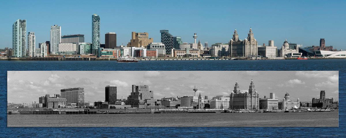 A 1989 Liverpool Waterfront from Seacombe using 4 negatives scanned and merged into panorama shot with a #Hasseleblad then compared with present skyline @angiesliverpool @YOLiverpool @stjohnsbeacon @RoyalLiver1911