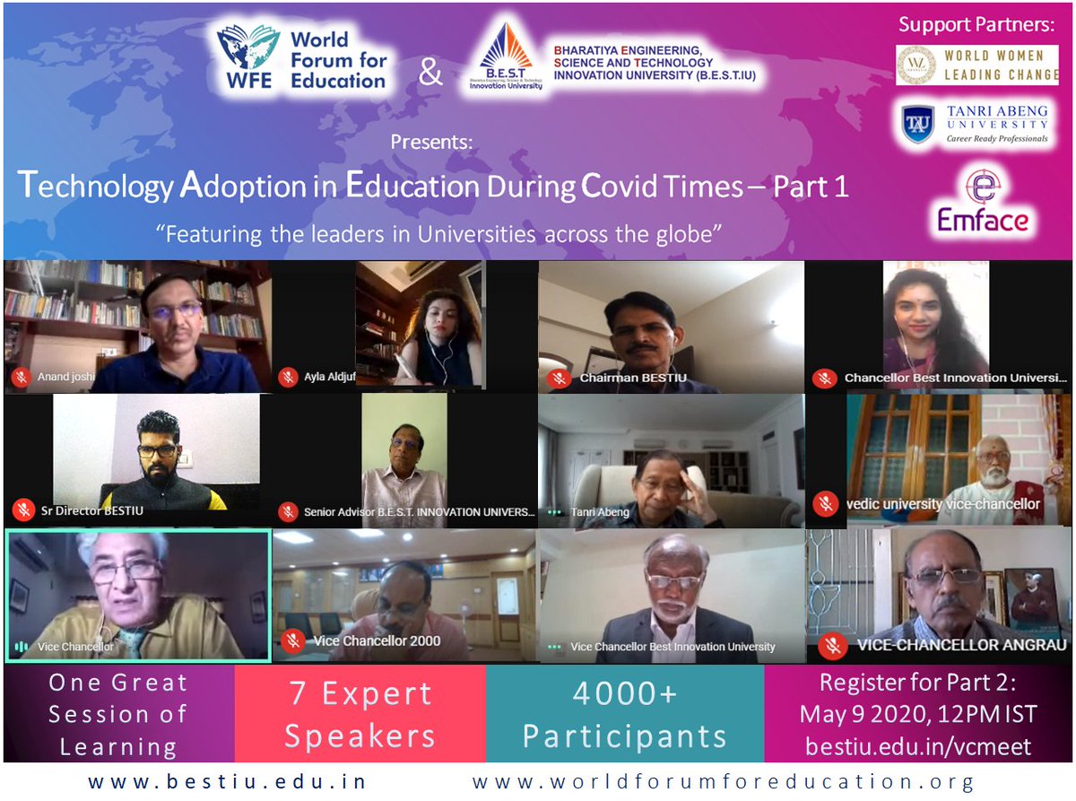 bestiu20's tweet photo. Leaders of Educational Institutions across the globe addressed 4000+ Participants via webinar.
Visit https://t.co/8uM0tYN4dM to register for Part 2 on May 9 2020 at 12PM IST
#technology #ICTinEducation #learning #BESTIU #WFE #WWLC #YAAC2020 #COVID #coronavirus #vcmeet https://t.co/bHmpeitU97