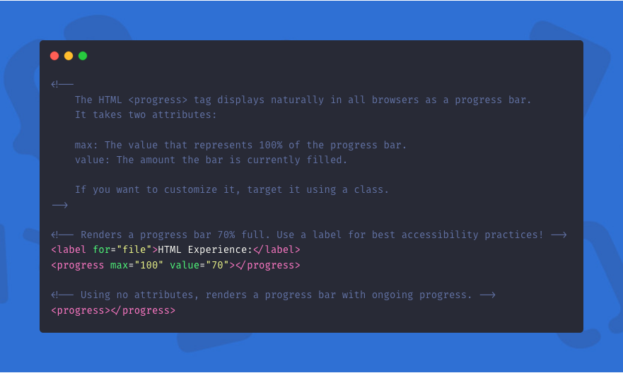 frontenddude's tweet image. Did you know you can make progress bars without #CSS and #javascript?

Introducing the #HTML &amp;lt;progress&amp;gt; tag. 

Check out the examples below:

#100DaysOfCode #CodeNewbies #learntocode #webdev #HTMLtags #webdevelopment