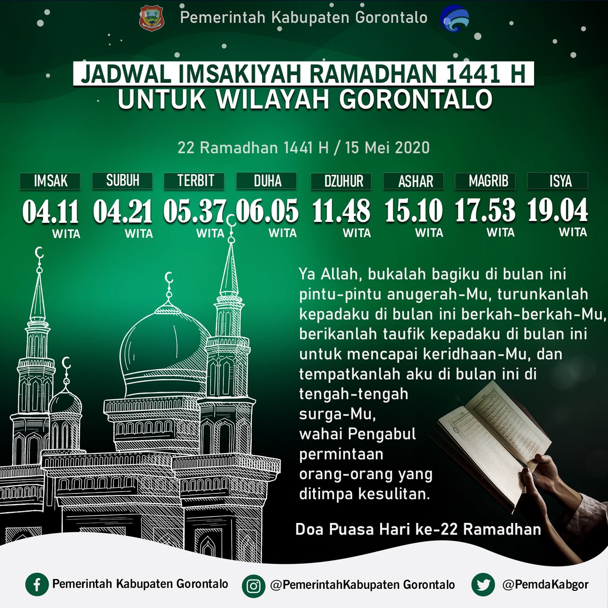 PemdaKabgor's tweet photo. Alhamdulillah, hari ini kita sudah memasuki hari ke-22 di bulan suci Ramadhan.

Berikut jadwal imsakiyah untuk wilayah Gorontalo &amp; sekitarnya, hari ke-22 Ramadhan, Jumat, 15 Mei 2020

Untuk beberapa wilayah di Gorontalo lainnya menyesuaikan dgn jadwal dari Kementerian Agama https://t.co/1Z9SgPJhyC