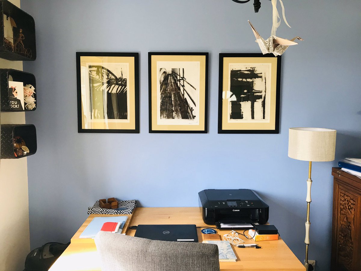 HomeshawDesigns's tweet photo. My #homeoffice view during lockdown - some of my earliest prints: etchings and drypoint from more than a decade ago! A nice reminder of where my career started #PrintDayinMay #printmaking #etching #drypoint #artistsontwitter @artistsWYPW @wyprintworkshop https://t.co/c5XvqiYLrX