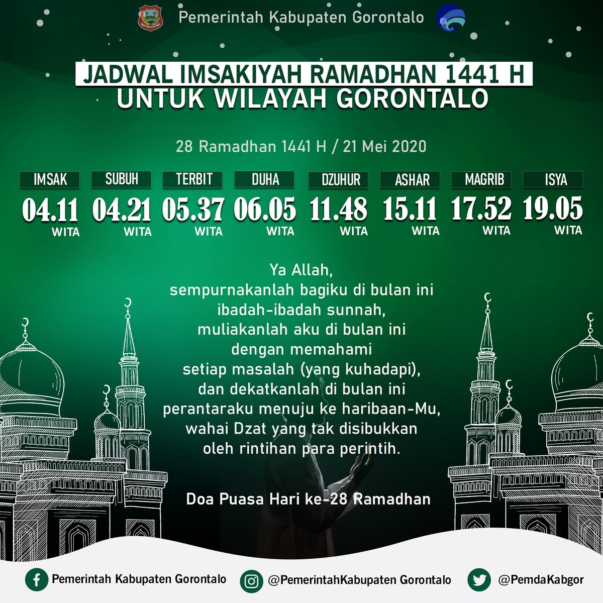 PemdaKabgor's tweet photo. Alhamdulillah, hari ini kita sudah memasuki hari ke-28 di bulan suci Ramadhan.

Berikut jadwal imsakiyah untuk wilayah Gorontalo &amp; sekitarnya, hari ke-28 Ramadhan, Kamis, 21 Mei 2020

Untuk beberapa wilayah di Gorontalo lainnya menyesuaikan dgn jadwal dari Kementerian Agama https://t.co/khViBmVwD0