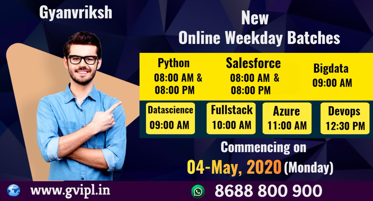 Gyanvriksh's tweet photo. New Online Batches starting on 04-May(Mon)
#Python-8:00 AM &amp; 8:00 PM
#Salesforce-8:00 AM &amp; 8:00 PM
#BigData-9:00 AM
#Datascience-9:00 AM
#Fullstack-10:00 AM
#Azure-11:00 AM
#DevOps-12:30PM
https://t.co/NSgvtKMFUk
#GYANVRIKSH
8688800900 https://t.co/GAgrxZsE8M