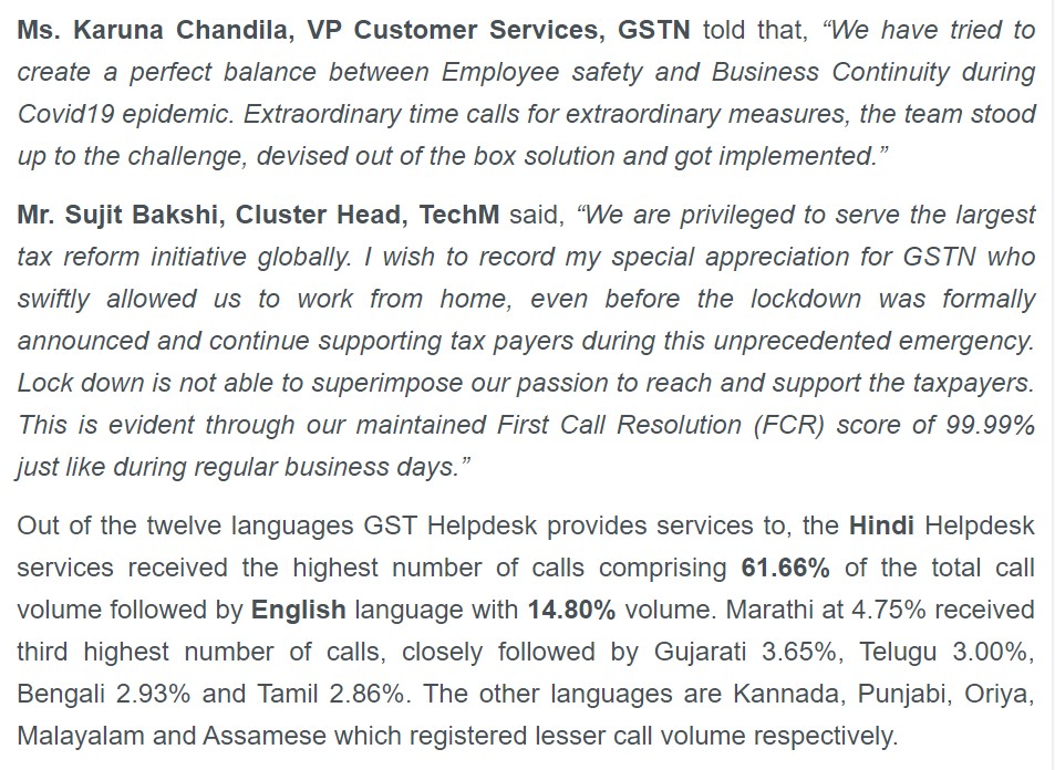 C_P_Gurnani's tweet photo. Stories that make me proud.. A great partnership with #GSTN 🙏
Despite the #lockdown @tech_mahindra teams ensured a fully operational #GSTHelpdesk from 9AM to 9PM serving in 12 languages in a secure manner while #wfh !
#IndiaFightsCorona
https://t.co/pzblk6Gvds https://t.co/r59inz9qZU