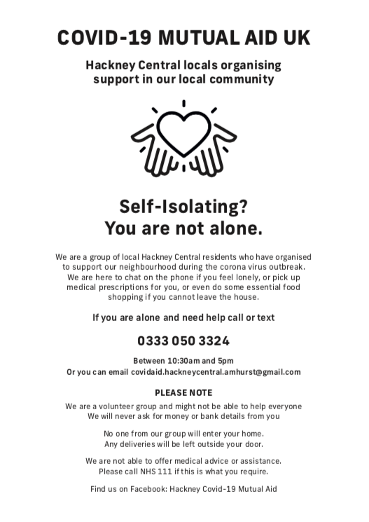 Good morning #Hackney 🙂👋
If you are isolated or vulnerable in the Hackney Amhurst Rd/Pembury Estate area, we're local residents in a mutual aid group and can help you with:
essential shopping
social contact via phone
Get in touch - ph/email below
 #MutualAid #StayHomeSaveLives