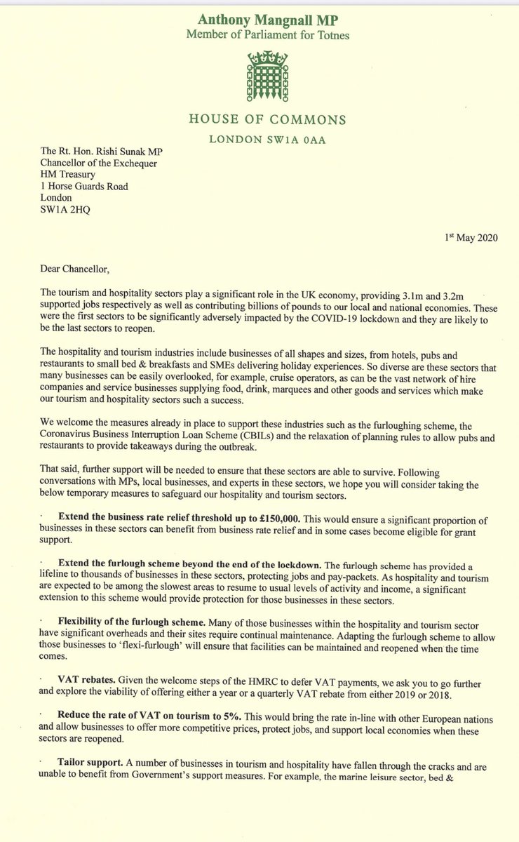 NWTBiz's tweet photo. Copy of a letter that Rob Roberts, Delyn MP was delighted to support for the #hospitality &amp; #tourism sector along with 85 fellow Conservative MPs led by @AnthonyMangnal1. More action is required to safeguard these sectors and we call on the Government to deliver for these areas. https://t.co/4JPdTMwOFP
