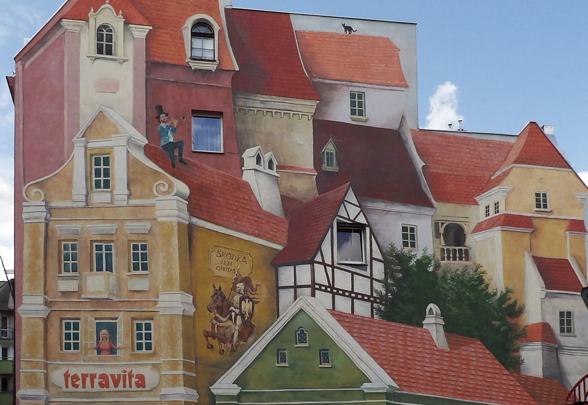 portalwlkp's tweet photo. #Mural na Śródce w Poznaniu cały czas zachwyca. "Opowieść śródecka z trębaczem na dachu i kotem w tle". #Mural3D #Poznan #Town #History #Fresk #Wall #View #StreeArt https://t.co/tXtoVVVoPU