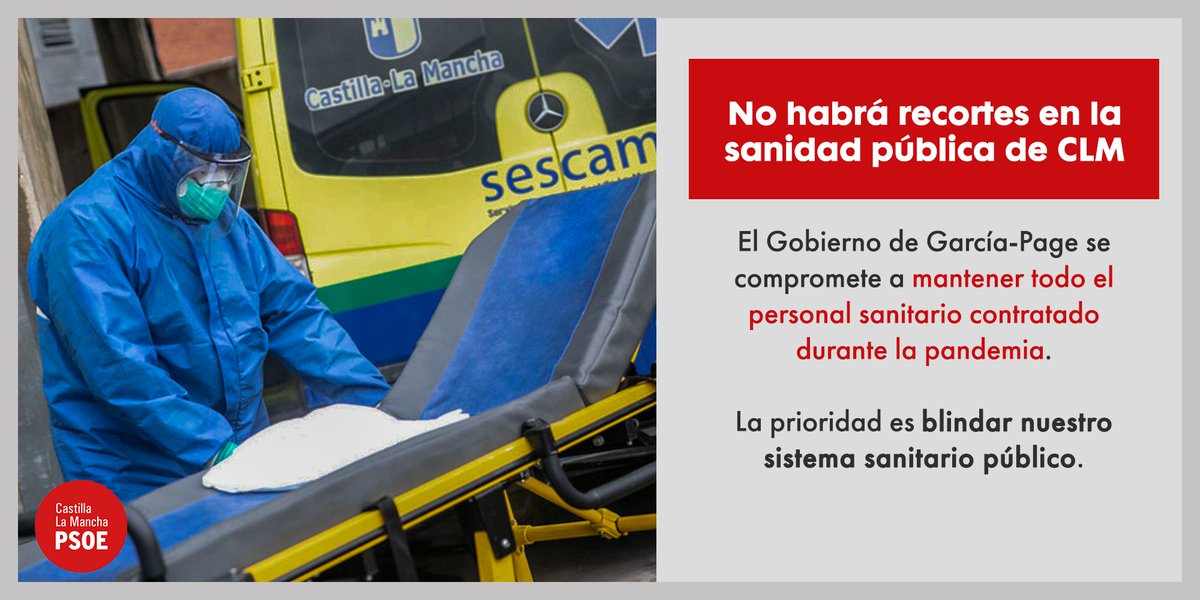 pscmpsoe's tweet photo. 👉El Gobierno de @garciapage no recortará en sanidad.

👏El mejor aplauso y homenaje a los profesionales sanitarios en #CLM es no despedirlos cuando superemos la crisis sanitaria.

Necesitamos a nuestro personal sanitario y no le vamos a dar la espalda.

#CLMcontraelCOVID https://t.co/i3xAyO4fNa