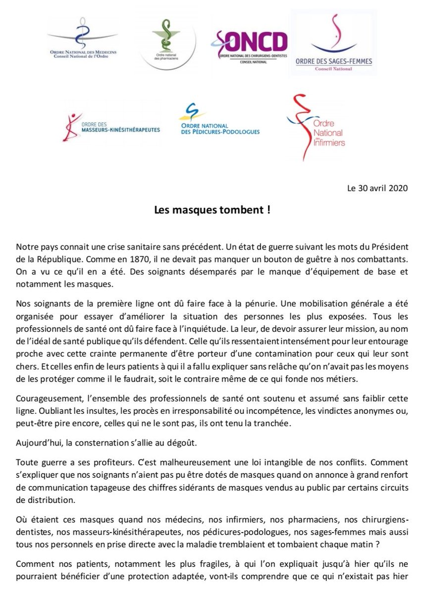 POURCHEZ's tweet photo. Un texte signé par tous les ordres nationaux des professions de santé publié le 30 avril et intitulé « Les masques tombent !» https://t.co/WGtDaYbd0g