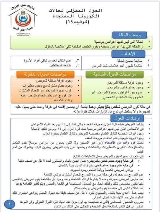 هاااام .. بروتكول العزل المنزلى لحالات الكورنا المستجدة ( وزارة الصحة المصرية )