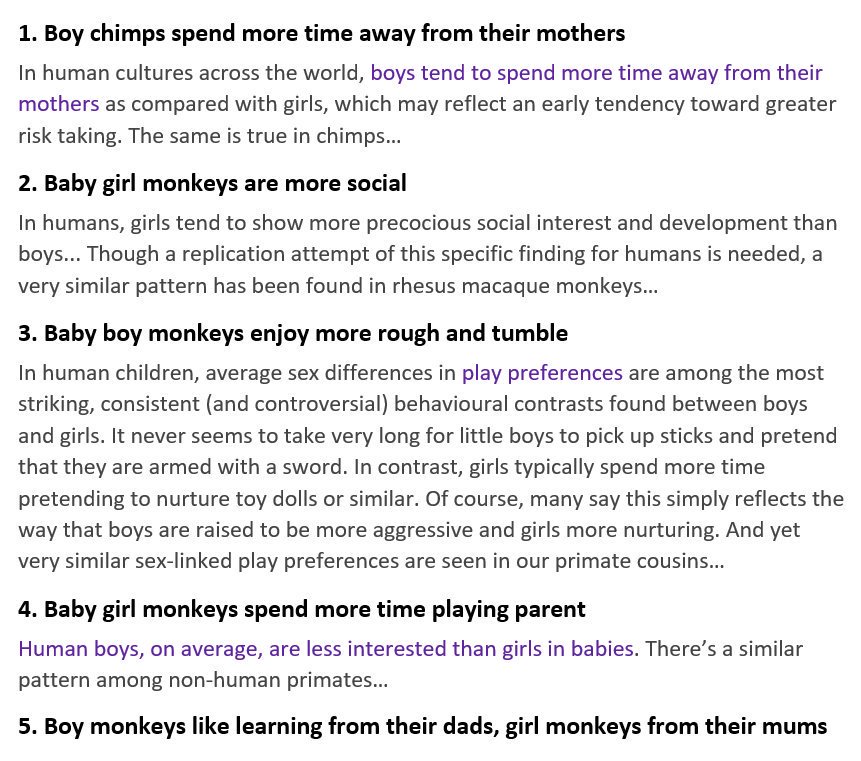  Cinco diferenças sexuais na psicologia humana das crianças que são observadas noutros primatas como os chimpanzés:via  @SteveStuWill  https://digest.bps.org.uk/2017/10/03/the-psychology-of-sex-differences-5-revealing-insights-from-our-primate-cousins/