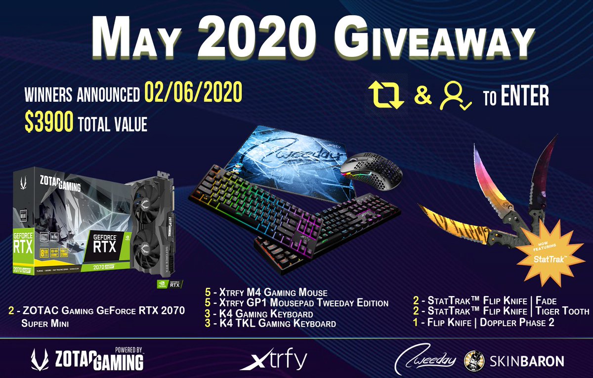 ‼️ May 2020 Giveaway ‼️ 2 GeForce RTX 2070 Super Mini 👉zotac.com/de/minecraft 5 $300 CS:GO Knife 👉skinbaron.com/partner/tweeday 6 Keyboards, 5 Mice, 5 Mousepads 👉xtrfy.com - RT + FOLLOW - Tell me what prize you want :) 🧐Enter here: bit.ly/may2020twee #ad