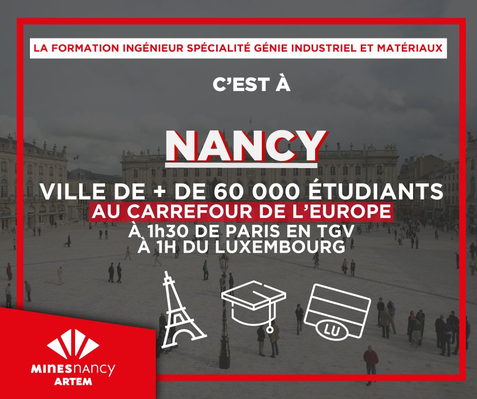MinesNancy's tweet photo. [#IntégrezMinesNancy] Vous êtes en DUT/BTS ? Rejoignez la formation Ingénieur spécialité Génie Industriel et Matériaux #FIGIM à la rentrée. Profitez de Nancy, une ville dynamique taillée pour vous à 1h30 de Paris et 1h du Luxembourg ! Candidatez ici ➡️ https://t.co/WzQPPjr8qf https://t.co/0aEjKPbKdX