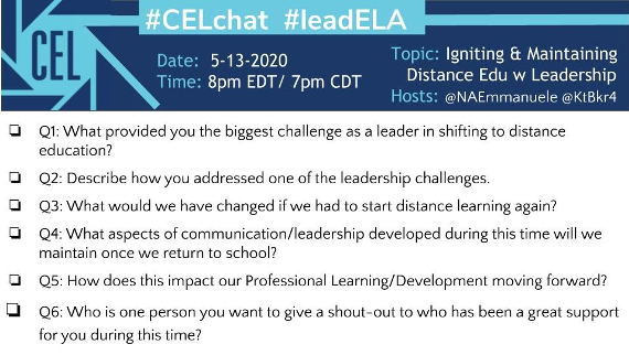ncte_cel's tweet photo. The #CELChat is back! May 13 at 7:00 p.m. CT. Join @NAEmmanuele and @KtBkr4 as they discuss "Igniting &amp; Maintaining Distance Edu w/ Leadership".  #leadELA #edchat #ncte #nctevillage #satchat @jschwarzeteach @heatherrocco @MrBronke @EsMteach @mrjoshflores @zackoryk @sarajanekush https://t.co/Lgt1aql0Ne