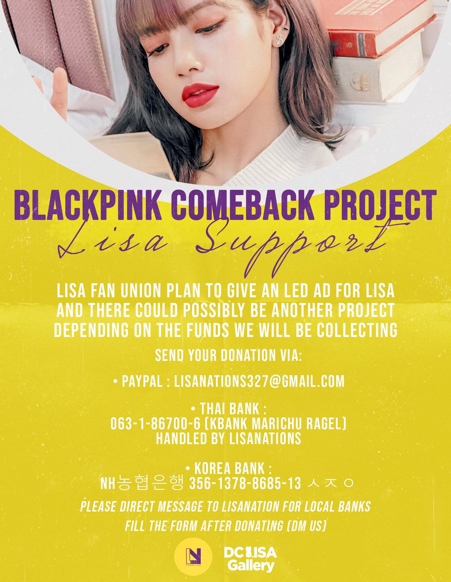 LISANATIONS_'s tweet photo. BLACKPINK COMEBACK PROJECT LISA SUPPORT ✨

Lisa fan union plan to give an LED AD for LISA (more details on the poster)

PAYPAL : https://t.co/LOQQdGLYUf 
GOFUNDME : https://t.co/XdXjmYYy7O

DM US FOR MY/TH/ID/PH local banks!
#LISA #리사 #BLACKPINK #블랙핑크 #LALISA https://t.co/0aRkpGq0eH