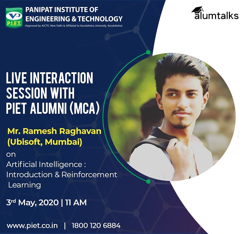 PIETPanipat's tweet image. Happiness is to learn from your alumni. PIET is organizing the  alumni interaction program with Mr. Ramesh Raghvan.
The purpose of this session is to educate students  about #ArtificialIntelligence: Introduction &amp;amp; Reinforcement Learning.
#PIETAlumni #PIET #InteractionSession