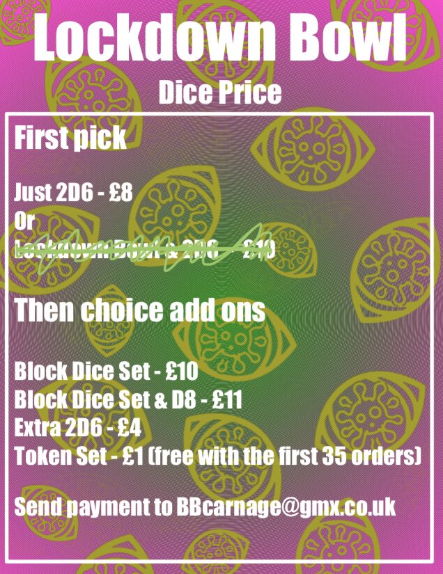 WalesCup's tweet photo. One last chance to get your Lockdown #Bloodbowl dice, perfect for all your @OfficialNAF tournament.  So far over £270 going to @MSF can we make that £400?! @GW_officialuk https://t.co/4eJ28iBfmn