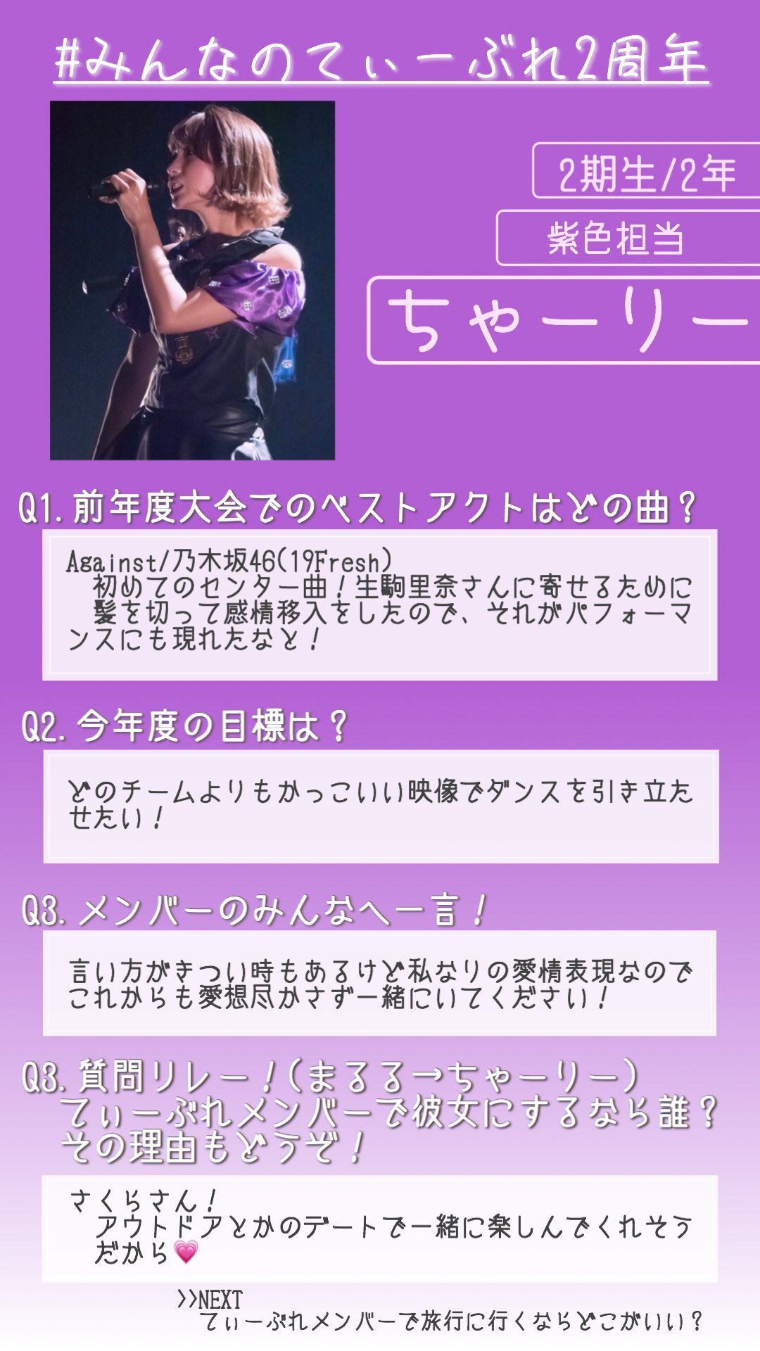 Tea Break Unidol関東 みんなのてぃーぶれ2周年 今回の企画では メンバーに 前年度ベストアクト これからの目標 メンバーへ一言 リレー形式での質問 を聞いちゃいました 本日2日目の担当は 紫色担当 ちゃーりー です Tea Break Unidol関東 みんなのてぃーぶれ2周年 今回の企画では メンバーに 前年度ベストアクト これからの目標 メンバーへ一言 リレー形式での質問 を聞いちゃいました 本日2日目の担当は 紫色担当 ちゃーりー です