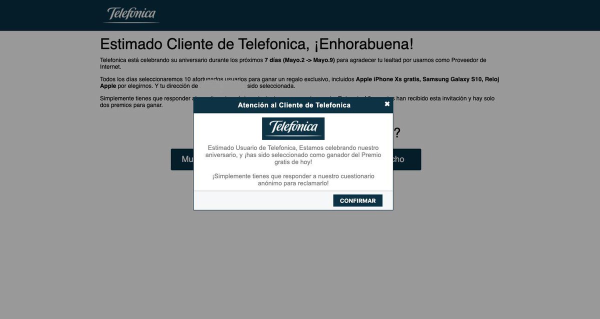 Telefonica's tweet photo. 🚨OJO, es una estafa‼️👇🏼

Si estás navegando por Internet y te aparece este mensaje ¡no caigas! 

Ayúdanos a compartirlo, haz RT y difunde con quienes te siguen. #SeguimosConectados #phishing https://t.co/mMq4l4vnU5