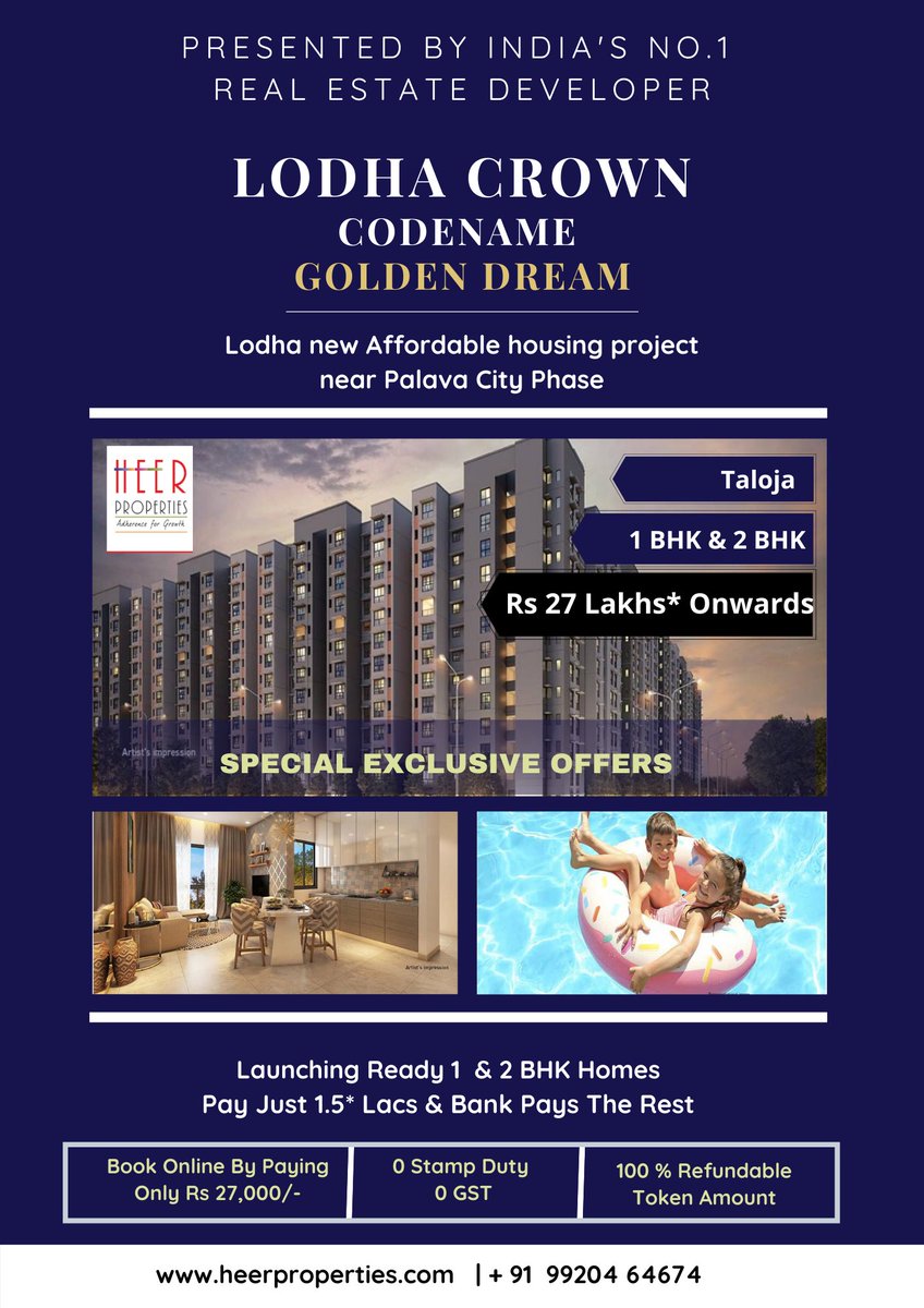 heer_properties's tweet photo. Lodha New Affordable Housing Project near Palava City, Taloja

▶️ Launching 1 &amp; 2 BHK Ready Homes Just Rs.27* Lacs Onwards

🥳 Special Exclusive Offers :  Book Online By Paying Only Rs.27,000/- | 100% Refundable Token Amount 

☎  9920464674

👉 https://t.co/UAnOnCo6lH https://t.co/egfC6Jxavk