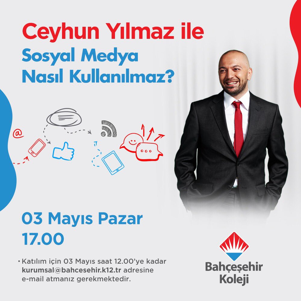 Online buluşmalarımız kapsamında <a href="/ceyhunyilmaz/">Ceyhun Yılmaz</a> ‘’Sosyal Medya Nasıl Kullanılmaz?’’ başlıklı sunumuyla velilerimizle bir araya geliyor!

📅 3 Mayıs Pazar
⏰ 17.00

• Katılım için 3 Mayıs saat 12.00’a kadar kurumsal@bahcesehir.k12.tr ‘ye mail atınız.