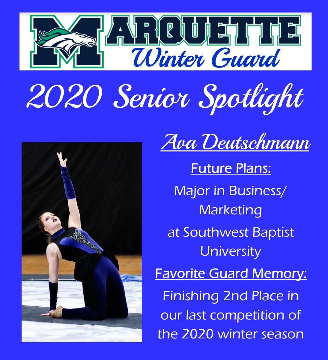 marquetteguard's tweet photo. Today's Winter Guard Senior Spotlight is Ava Deutschmann!
@MarquetteStangs
@MarquetteBand
#Classof2020Mustangs https://t.co/nEYSO93dQR
