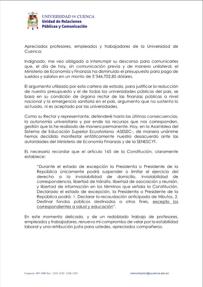 Sanchezmendieta's tweet photo. Este es el comunicado de Pablo Vanegas, rector de la Universidad de  #Cuenca. https://t.co/uabt57S65l