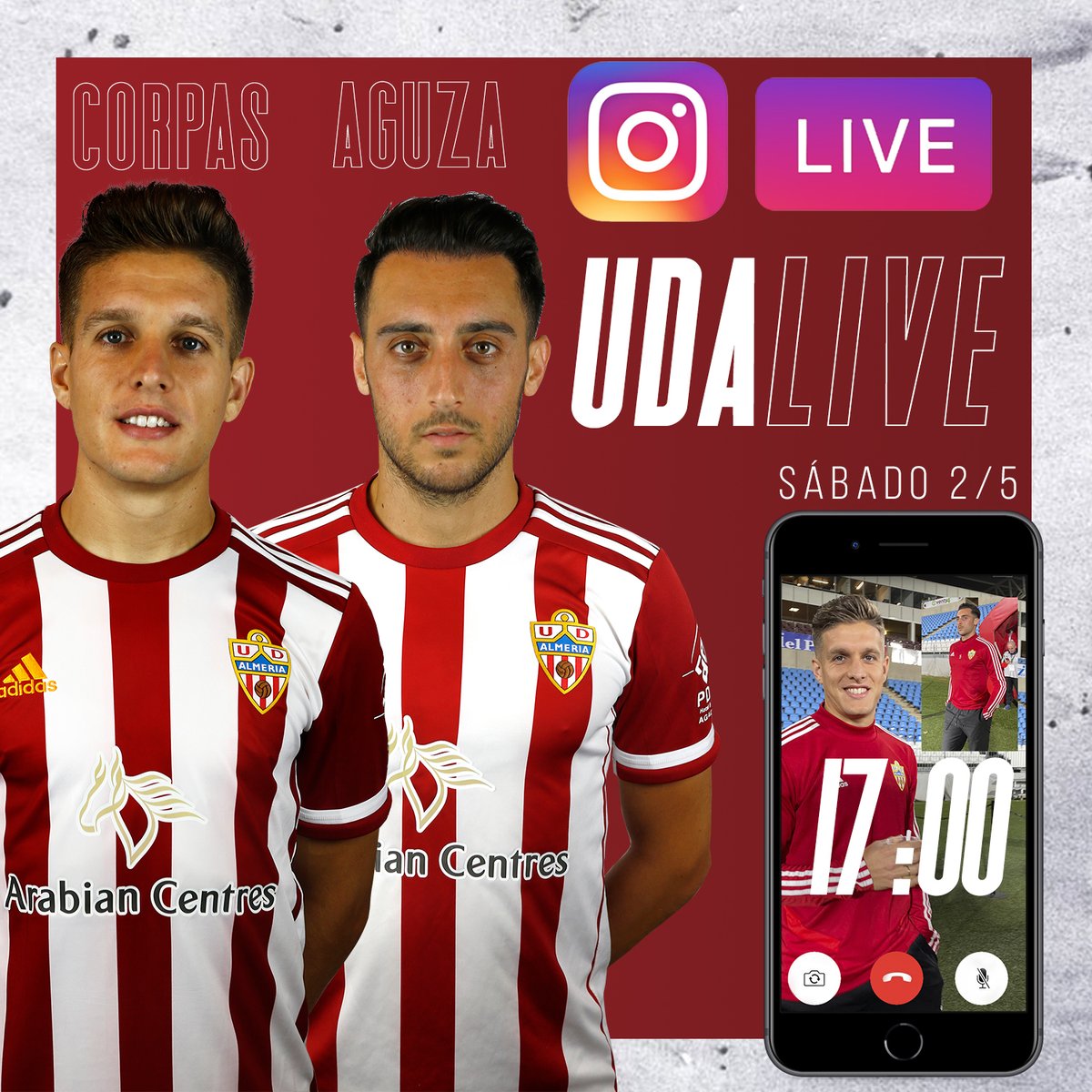 U_D_Almeria's tweet photo. ⏳ #UDALive | En una hora y media estaremos charlando con Corpas y @SergioAguza en directo 😜
📲 ¡Corre a nuestras Instagram Stories y déjales tus preguntas! https://t.co/a5lh2GtR5A