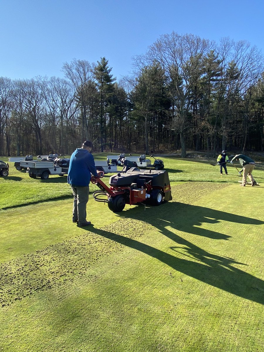 charlesrivercc1's tweet photo. With stay at home orders being extended in Massachusetts,and finally getting a little bit of grass growing weather we are aerating greens today with 1/4 holes. Small holes will heal extremely quickly! https://t.co/7mF21z1YTv