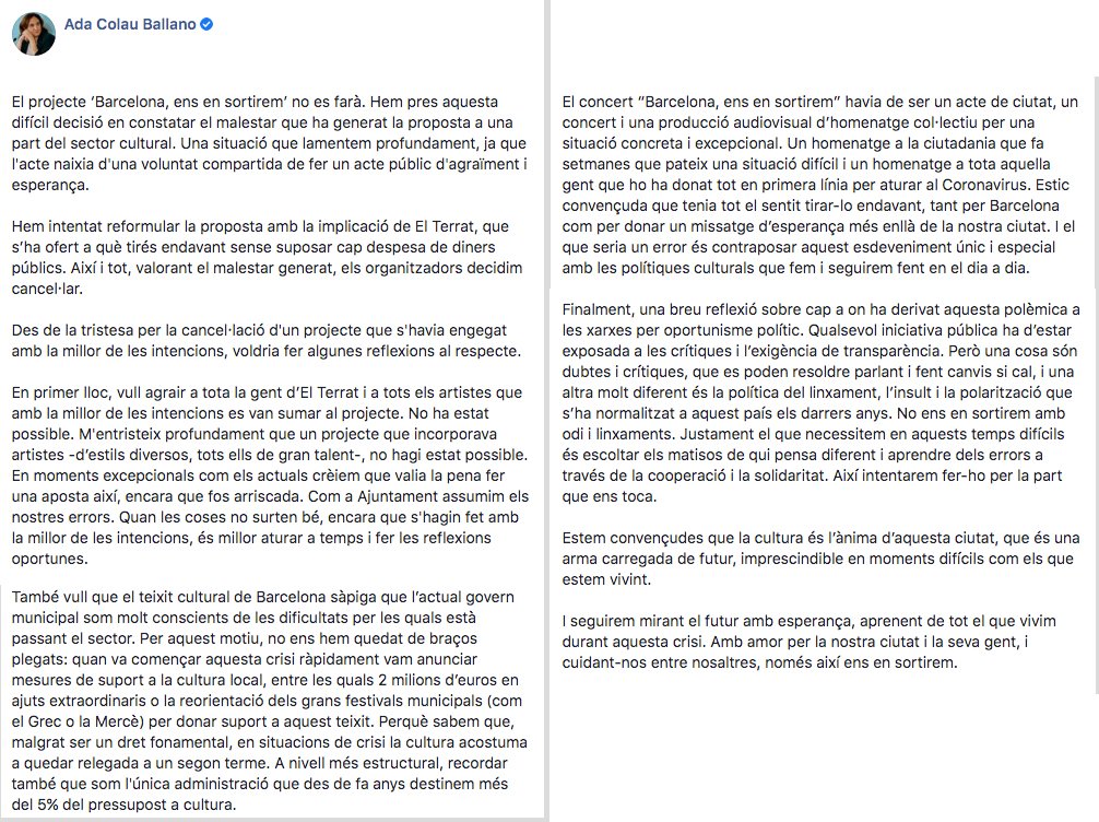 AdaColau's tweet image. El projecte ‘Barcelona, ens en sortirem’ no es farà. Des de la tristesa per la cancel·lació d'un projecte que s'havia engegat amb la millor de les intencions, voldria fer algunes reflexions al respecte:

facebook.com/ada.colau/post…