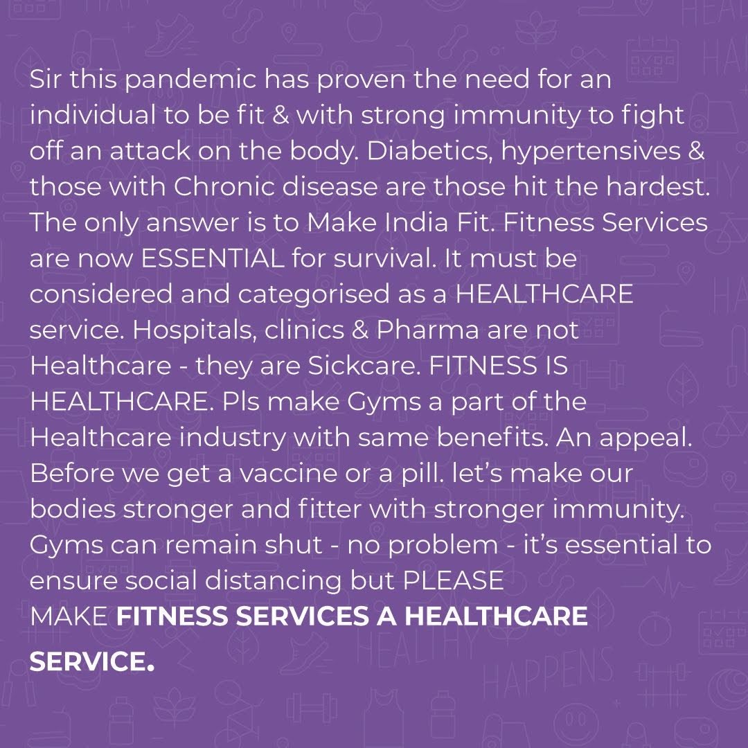 vikasjain1977's tweet photo. Fitness is Healthcare, please make Gyms a part of the Healthcare industry. Fitness helps in building immunity. Immunity is what everyone needs to fight against any sort of virus.  @PMOIndia @MoHFW_INDIA @FinMinIndia @PIBHomeAffairs https://t.co/8SIwXpzri0