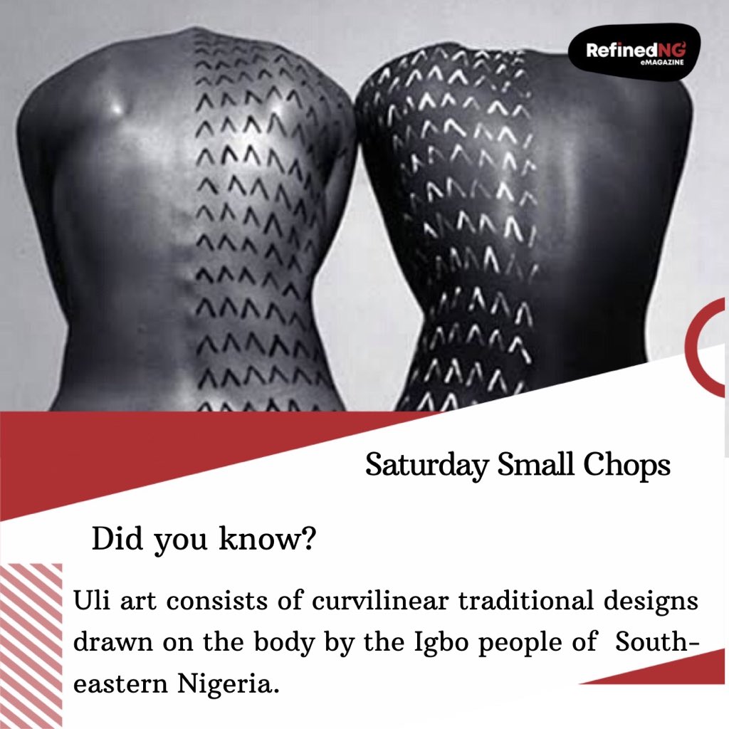 refinedng's tweet photo. 2. Uli (also known as Uri)ย are the curvilinear traditional designs drawn on the body by the Igbo peopleย of ย South-eastern Nigeria.ย The practice has been in usage since the 9th century as the Uli designs were found on Igbo-Ukwu bronzes dated around the 9th century.
#uliart https://t.co/WgyxGvTYg1