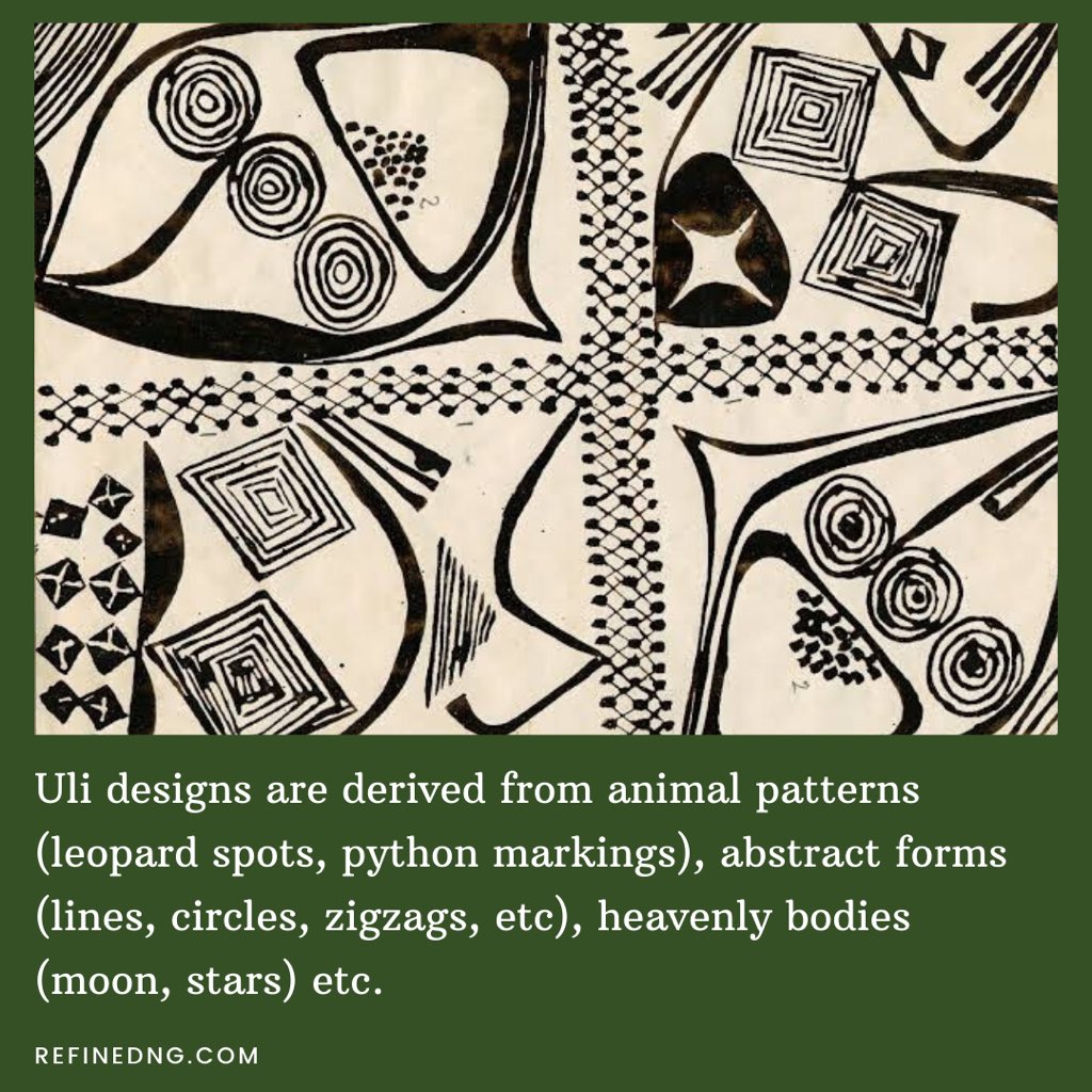 refinedng's tweet photo. 2. Uli (also known as Uri)ย are the curvilinear traditional designs drawn on the body by the Igbo peopleย of ย South-eastern Nigeria.ย The practice has been in usage since the 9th century as the Uli designs were found on Igbo-Ukwu bronzes dated around the 9th century.
#uliart https://t.co/WgyxGvTYg1