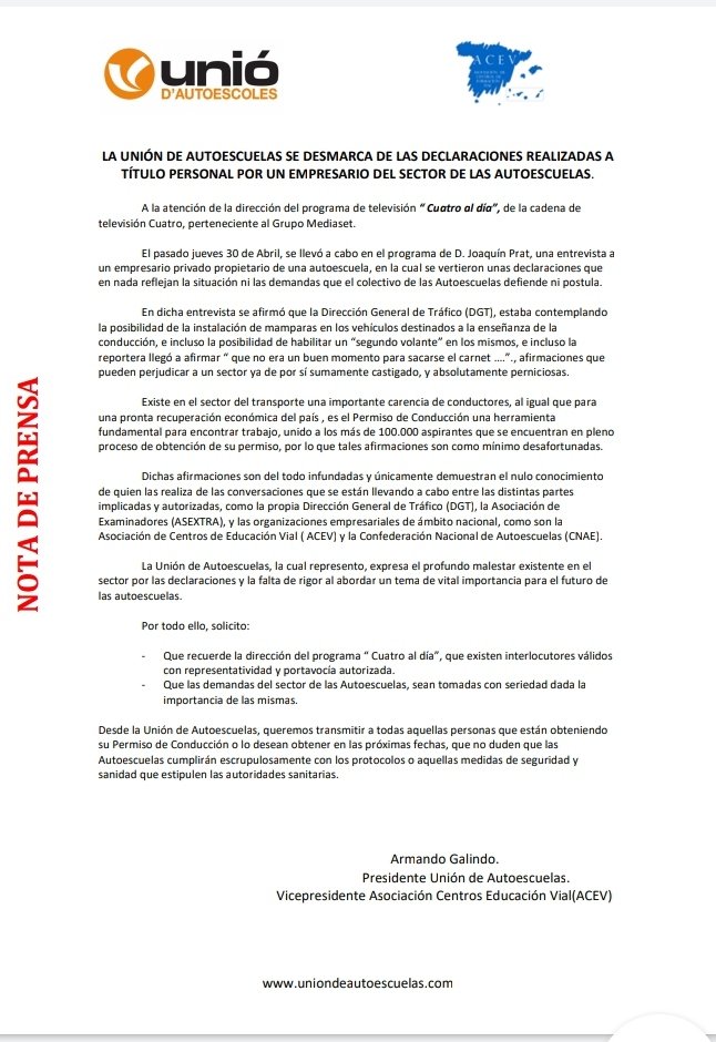 UnionAutoescVal's tweet photo. Desde @UnionAutoescVal ponemos en conocimiento de todos vosotros nuestro malestar después de la intervención de un compañero que para nada se ajusta a la realidad de nuestra preocupación para con nuestro sector. @cuatro @cuatroaldia @PratSandberg https://t.co/gC3vpFA4vi