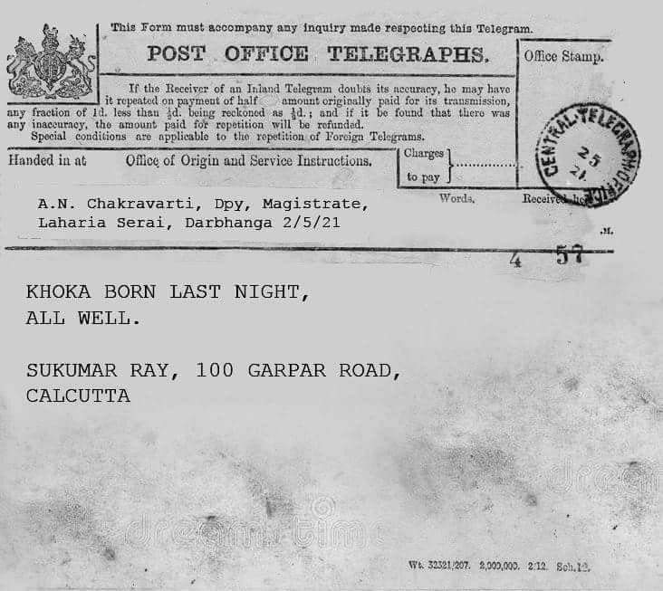 Documented evidence communicating the Birth of Satyajit Ray ! A telegram from his father.The reference to  'khoka' is Ray ! #BirthAnniversary #SatyajitRay