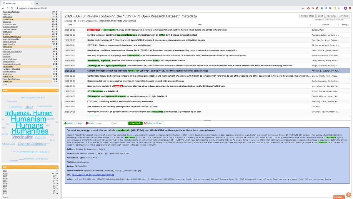 The Rayyan Public Review (rayyan.qcri.org/reviews/125430) on #COVID119 updated with the latest CORD-19 dataset  (pages.semanticscholar.org/coronavirus-re…).
Use it to create your own (rapid) literature/systematic review on  #COVID19 with your collaborators like many of our users.