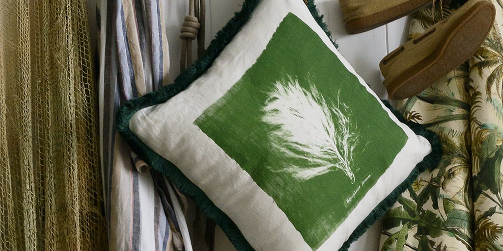maisonmargotuk's tweet image. Here's one of the cushions from our brand new collection from @MindTGap – the sea life-inspired Algae II cushion. Finished with assorted green fringes, it's got the Palmera Cubana linen fabric on the back so you can have it any which way you fancy! #linencushion #newcollection