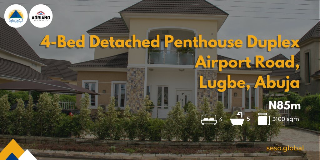 SesoGlobal's tweet photo. 4-Bed detached penthouse duplex for sale. Residents enjoy a private leisure centre + children’s play area, fitness centre &amp; swimming pool; community health clinic &amp; a Nur/Pry school within 400m.
Call us on +234 902 777 5852 or visit https://t.co/PYcxWfxQoO for details. https://t.co/5kcgbpAiHD
