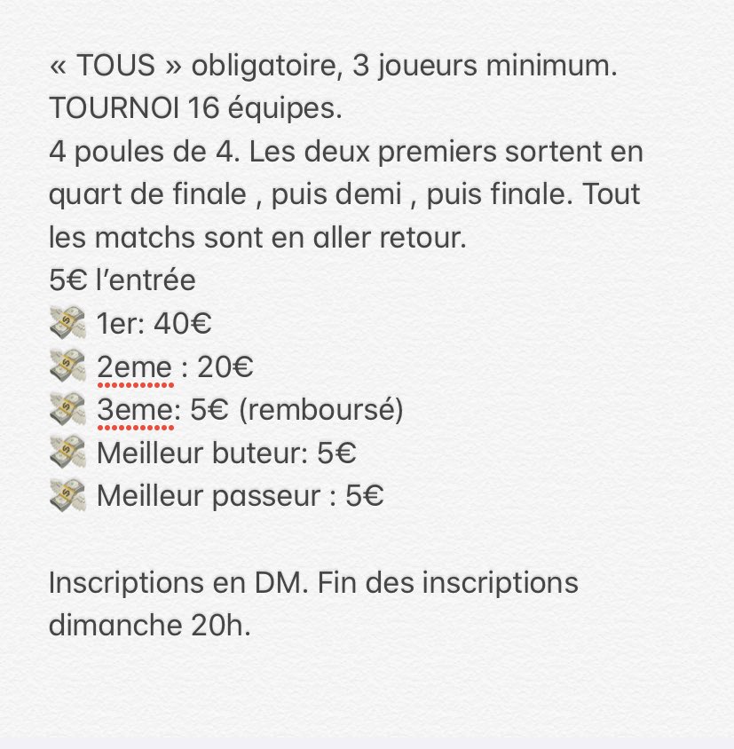 Salut à tous!
Nous lançons un autre format que le championnat (trop de forfait qui faussent les résultats). Ce sera un format plus classique
Tournoi club pro avec cash prize 💸 Gains pour le podium, meilleur buteur, et meilleur passeur!

Inscriptions en DM.

🔁 et ❤️ appréciés.