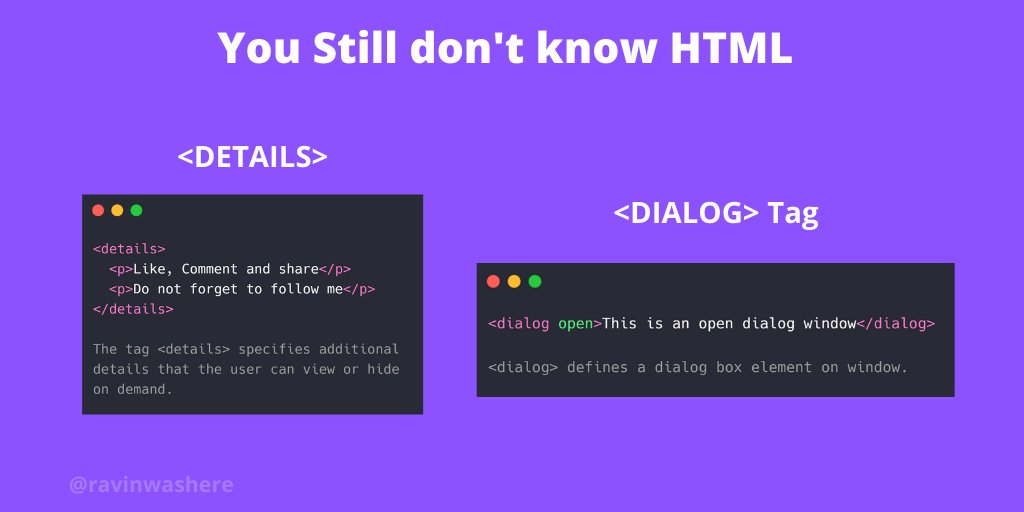 ravinwashere's tweet image. Some handy #HTML tips to make things easier!

#100DaysOfCode #freeCodeCamp