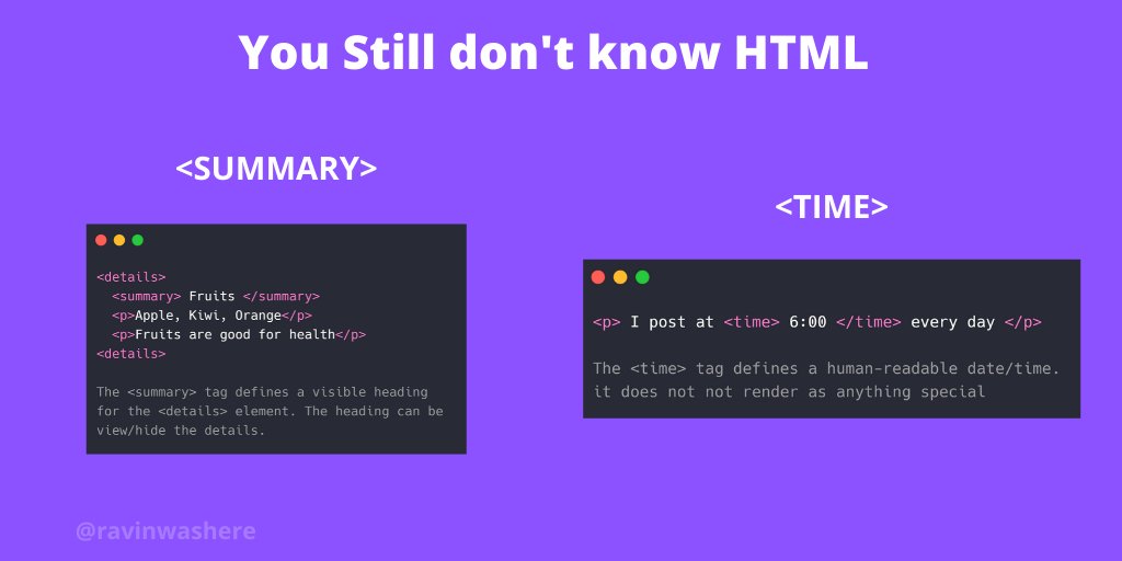 ravinwashere's tweet image. Some handy #HTML tips to make things easier!

#100DaysOfCode #freeCodeCamp