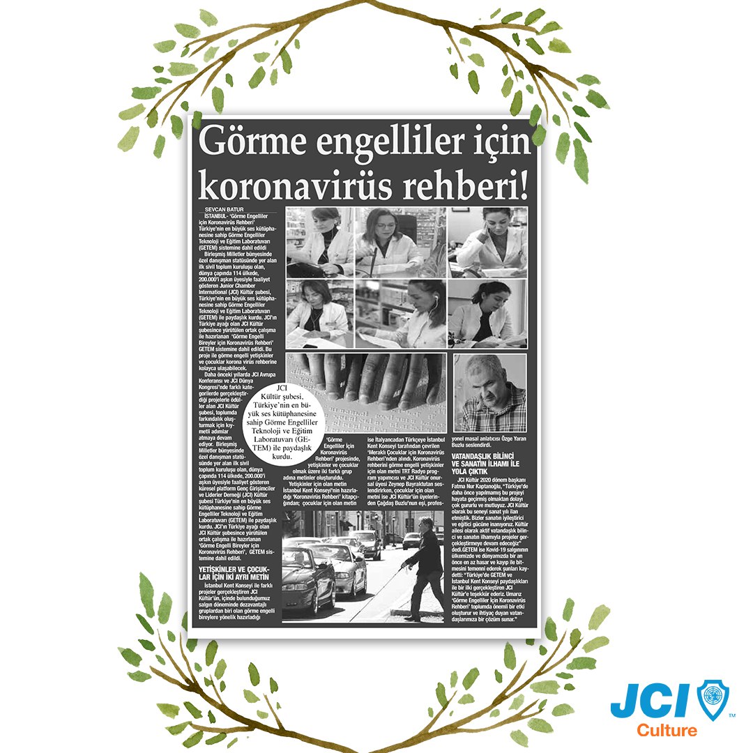 Başta Milliyet Pazar olmak üzere JCI Kültür hakkında basına yansıyan haberler☀Görme Engelli bireyler ve çocuklar için hazırladığımız sesli koronavirüs rehberi Türkiye'nin hem dijital hem de basılı birçok haber ve gazete kanalında yayınlandı.