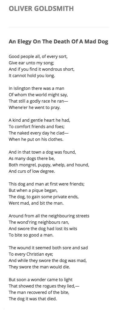 142 An Elegy on the Death of a Mad Dog by Oliver Goldsmith  #PandemicPoems  https://soundcloud.com/user-115260978/142-elegy-on-the-death-of-a-mad-dog-by-oliver-goldsmith